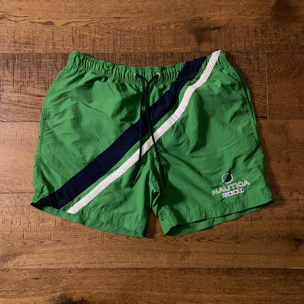 Nautica Swim Trunks Mens L Green Preppy Striped Clipper Vintage Board Shorts